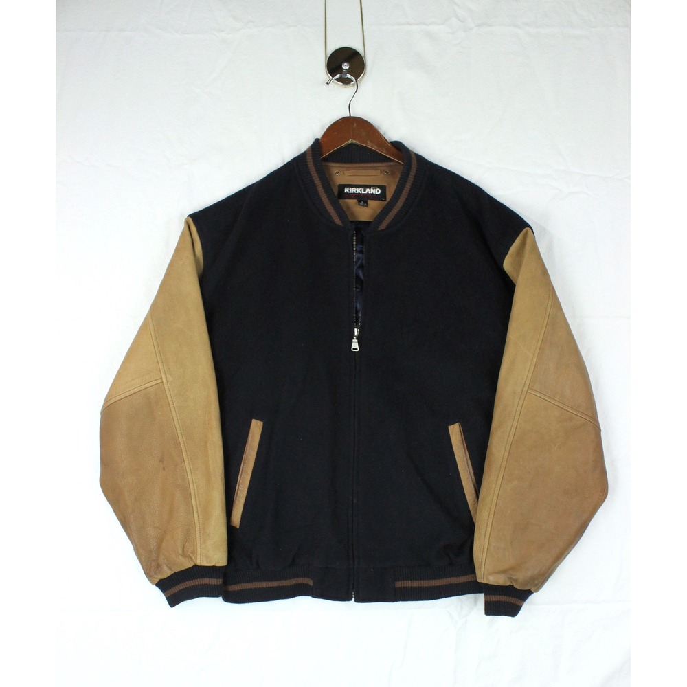 90s Y2K Style Wool Leather Varsity Letterman Bomber Jacket Black Tan Mens Large